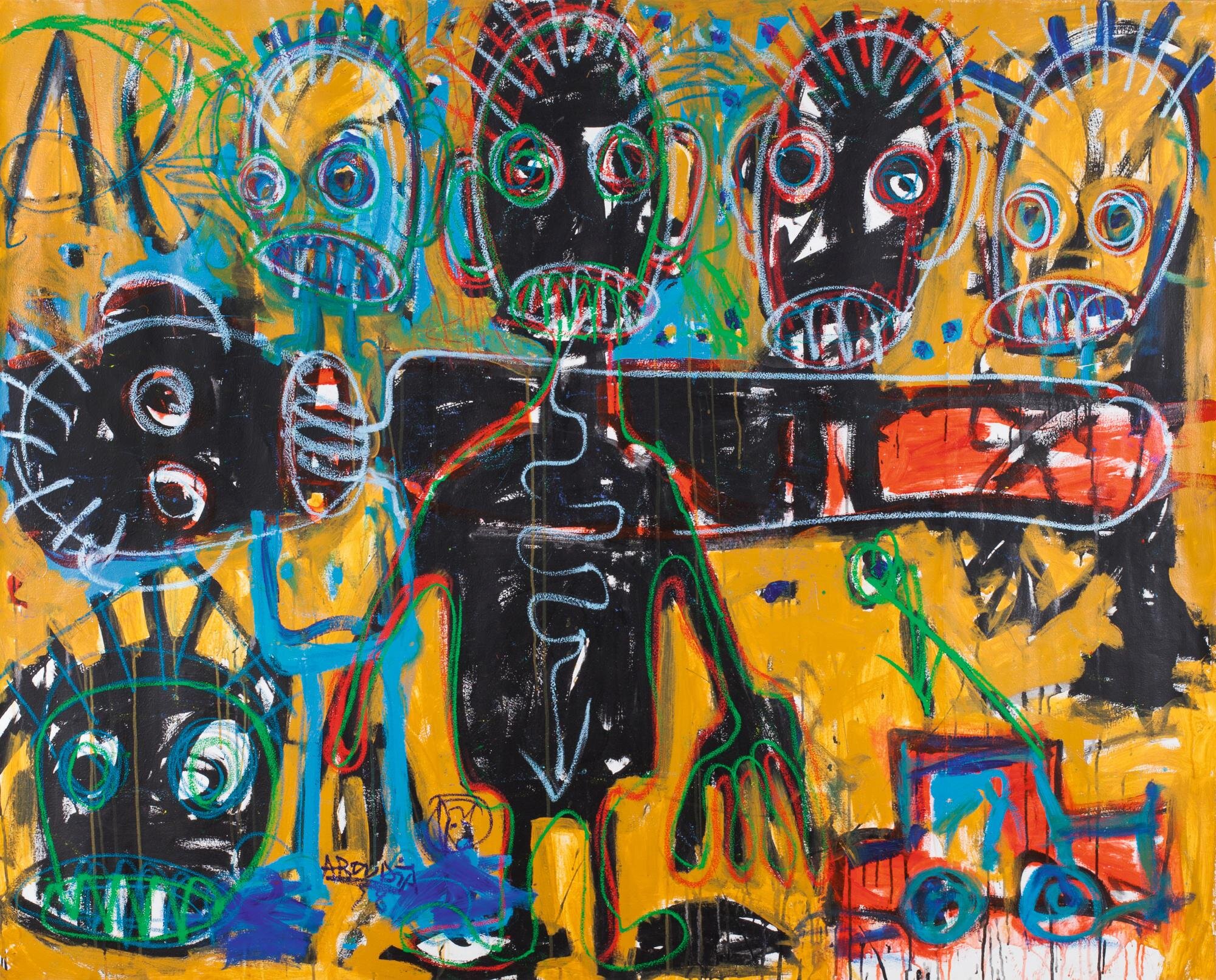 Aboudia Abdoulaye Diarrassouba
Hailing from C&ocirc;te d'Ivoire, Aboudia's art celebrates African culture, raw emotions, and urban realities. His bold strokes and graffiti-inspired style breathe life into the canvas, leaving us mesmerized by the dep